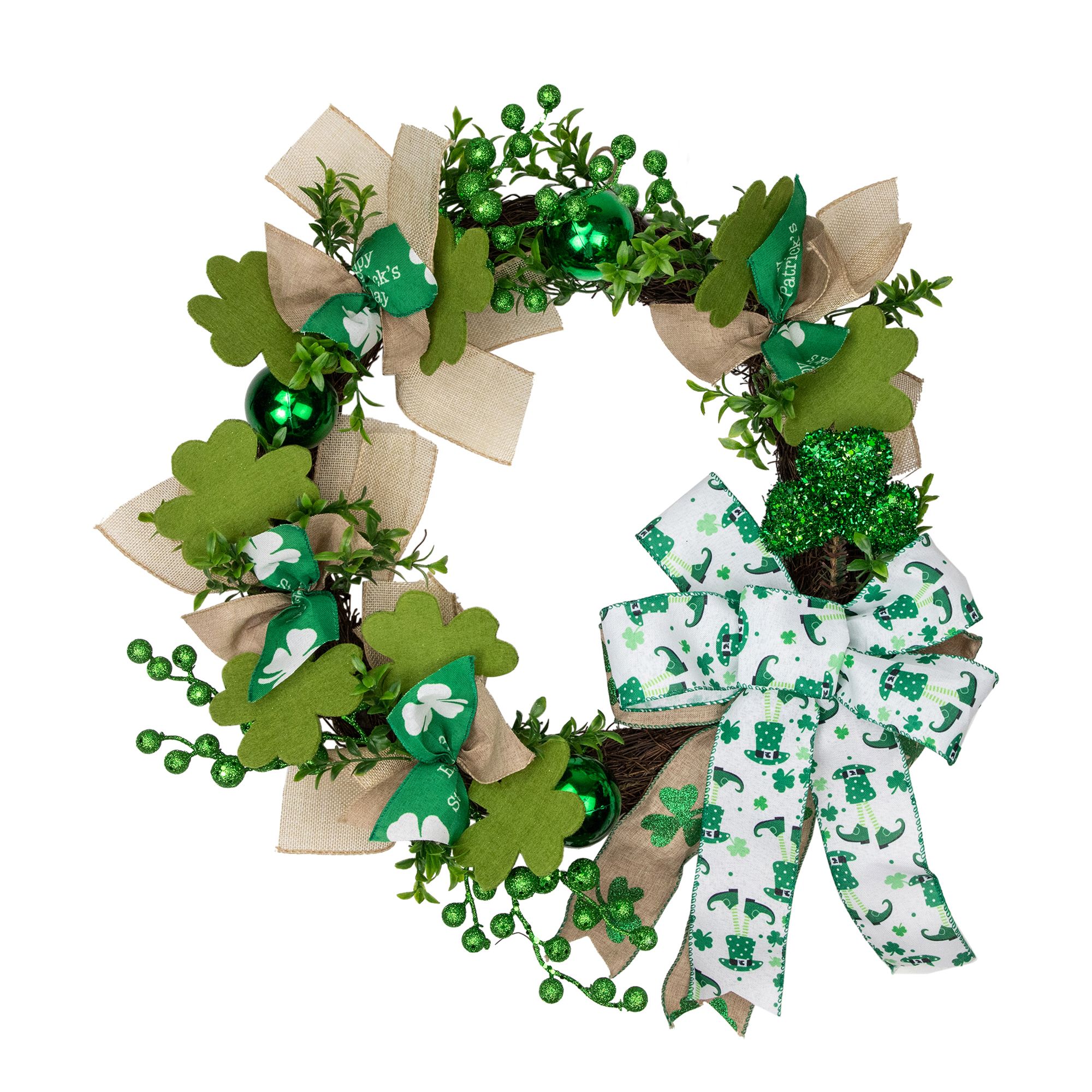 Northlight Burlap Bows and Shamrocks St. Patrick's Day Wreath, 24&quot;