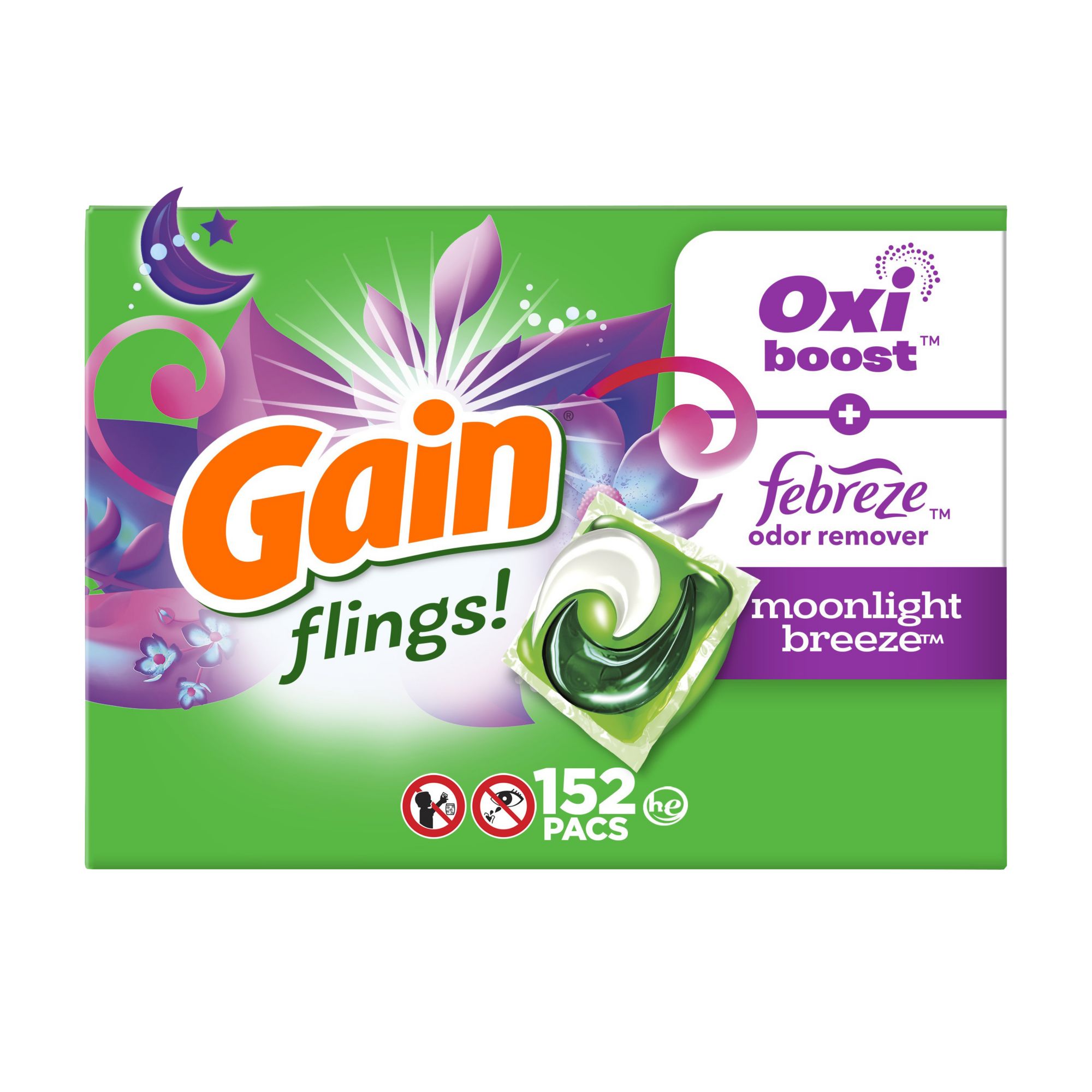 Gain Flings Liquid Laundry Detergent Soap Pacs, 152 ct. - Moonlight Breeze Scent