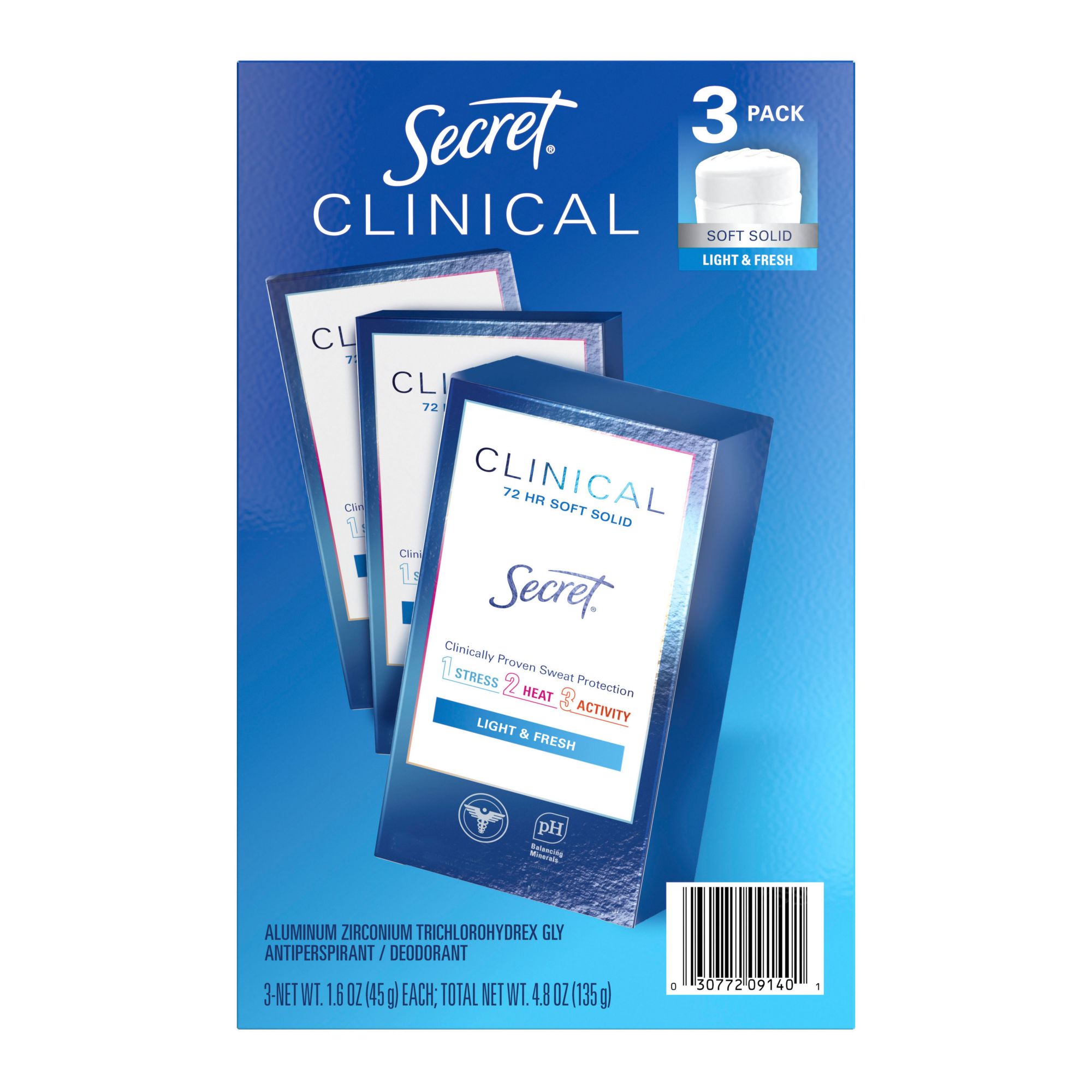 Secret Clinical Strength Invisible Solid Antiperspirant and Deodorant - Completely Clean, 3pk./1.6 oz.