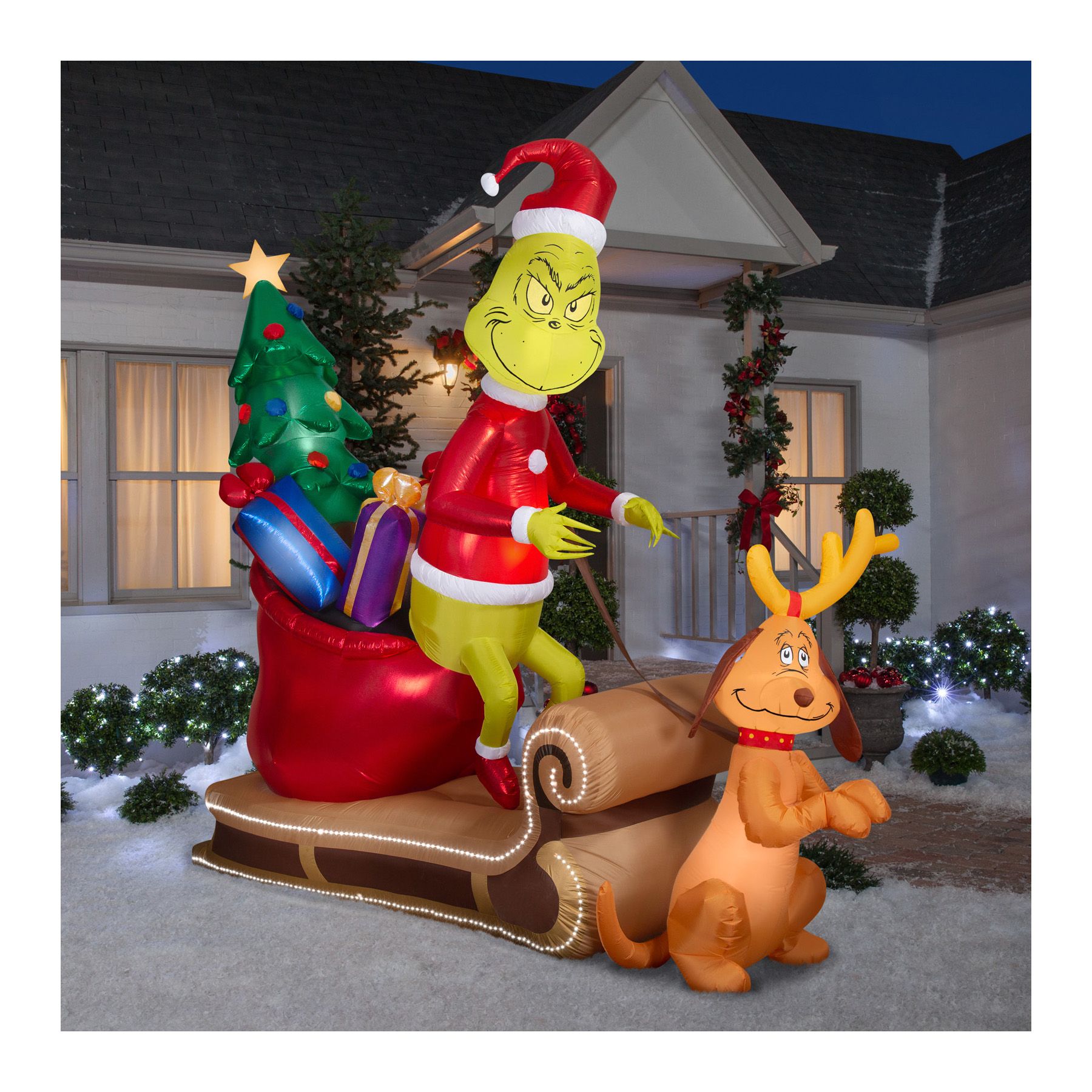 Gemmy 9.3' Airblown Animated Inflatable Grinch and Max Sleigh Scene with Micro LEDs