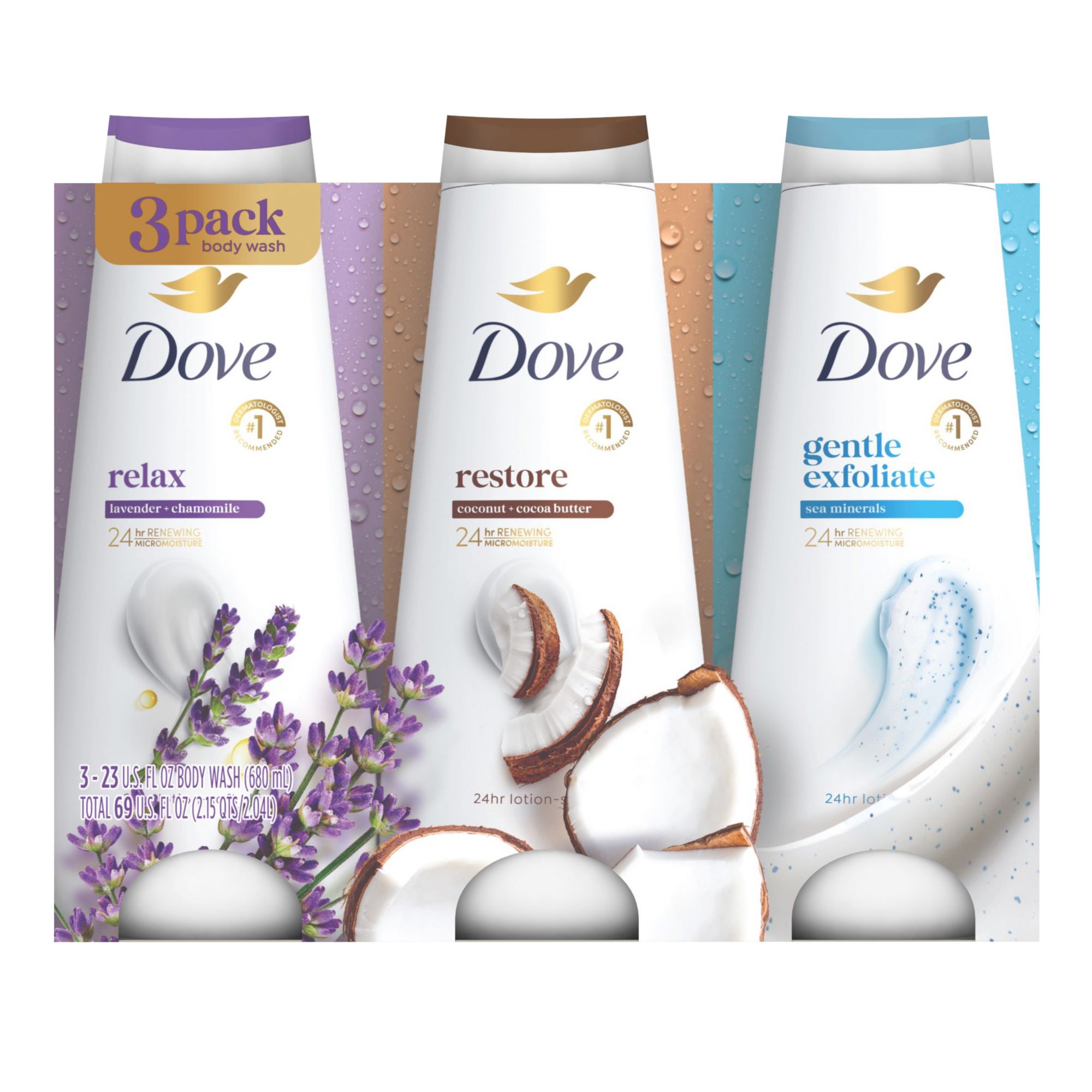 Dove Relax, Exfoliate & Restore Body Wash Variety Pack, 3 pk./23 oz.