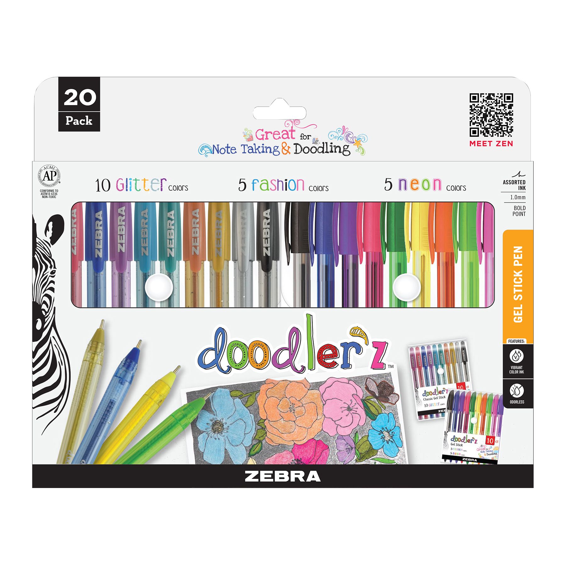 Zebra Pen Doodlerz Gel Stick Pen, Bold Point, 1.0mm, Assorted Neon Colors,  10 Pack