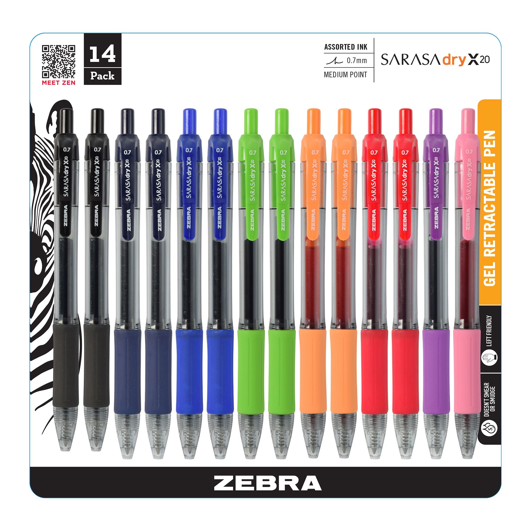 Zebra - Sarasa Retractable Gel Pen, Assorted Ink, Medium - 14/Pack