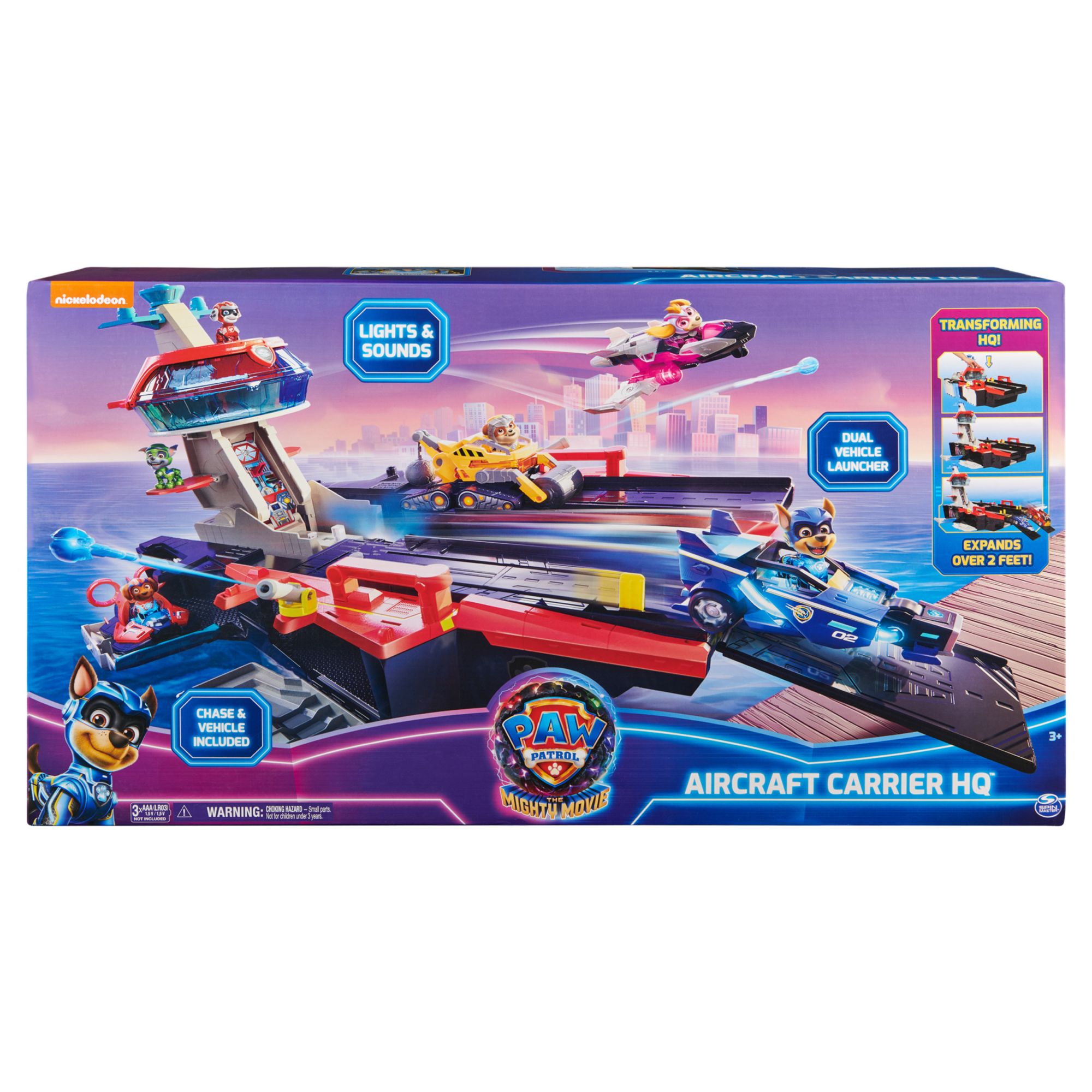 Paw Patrol: The Mighty Movie Aircraft Carrier HQ with Chase Action Figure and Mighty Pups Cruiser