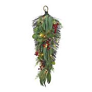 Berkley Jensen 32&quot; Pre-Lit Holiday Swag with Red Berries and Flocked Leaves, Set of 2