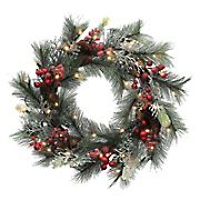 Berkley Jensen 28&quot; Pre-Lit Holiday Wreath with Red Berries and Flocked Long Needles
