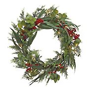 Berkley Jensen 28&quot; Pre-Lit Holiday Wreath with Red Berries and Flocked Leaves