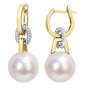 11-12mm Cultured Freshwater Pearl and Diamond Huggie Earrings in 14k 2-Tone Yellow and White Gold