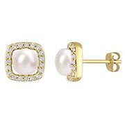 6-6.5mm Cultured Freshwater Pearl and Created White Sapphire Halo Earrings in 10k Yellow Gold
