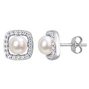 6-6.5mm Cultured Freshwater Pearl and Created White Sapphire Halo Stud Earrings in 10k White Gold