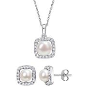 6-7.5mm Cultured Freshwater Pearl and Created White Sapphire Halo Necklace and Earrings in 10k White Gold 2-Pc. Set