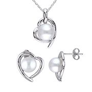 8.5-9 mm Cultured Freshwater Pearl and Diamond Heart Stud Earrings and Necklace in Sterling Silver 2-Pc. Set