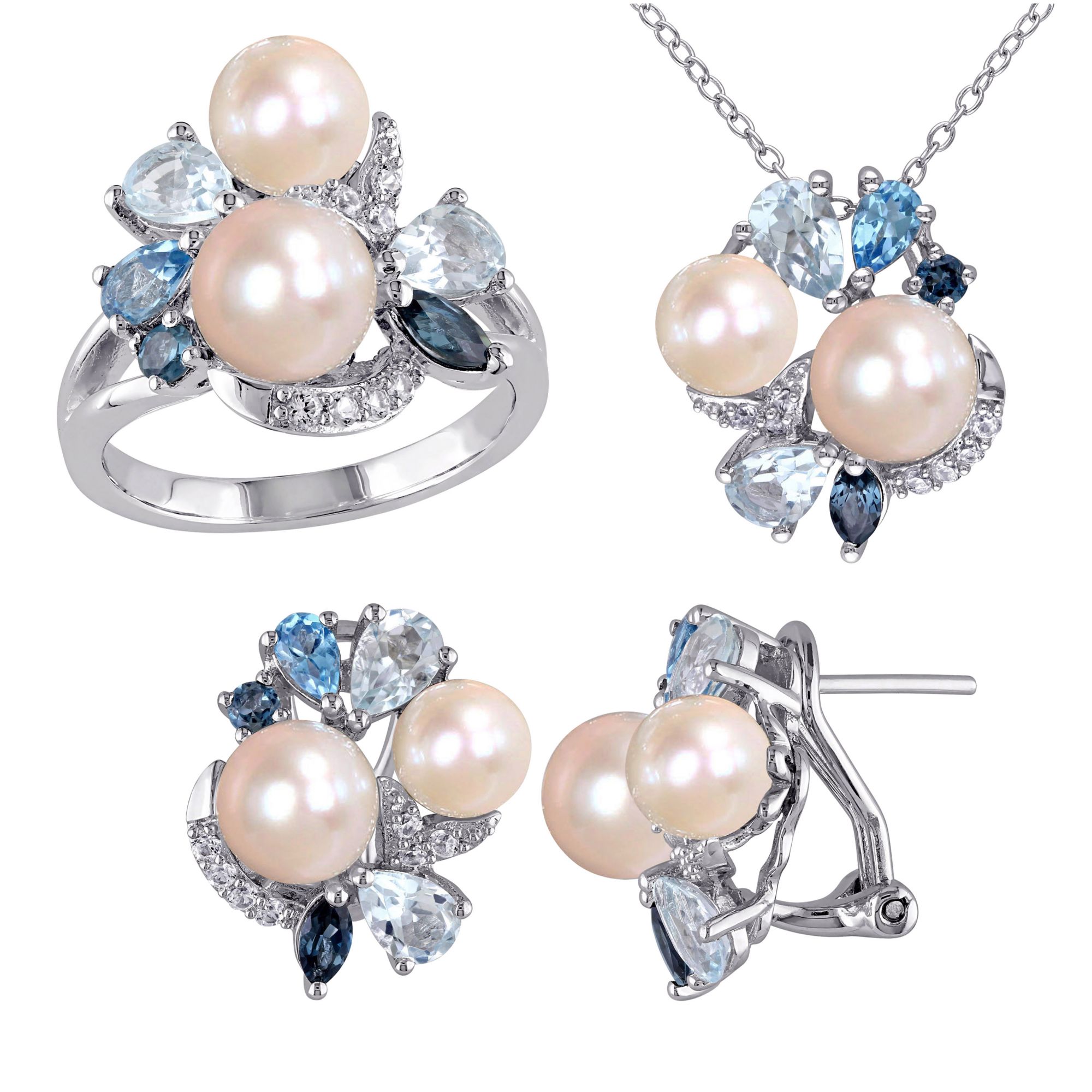 6.5-8mm Freshwater Cultured Pearl and Gemstone Cluster Earrings, Necklace and Ring in Sterling Silver 3-Pc. Set