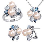 6.5-8mm Freshwater Cultured Pearl and Gemstone Cluster Earrings, Necklace and Ring in Sterling Silver 3-Pc. Set