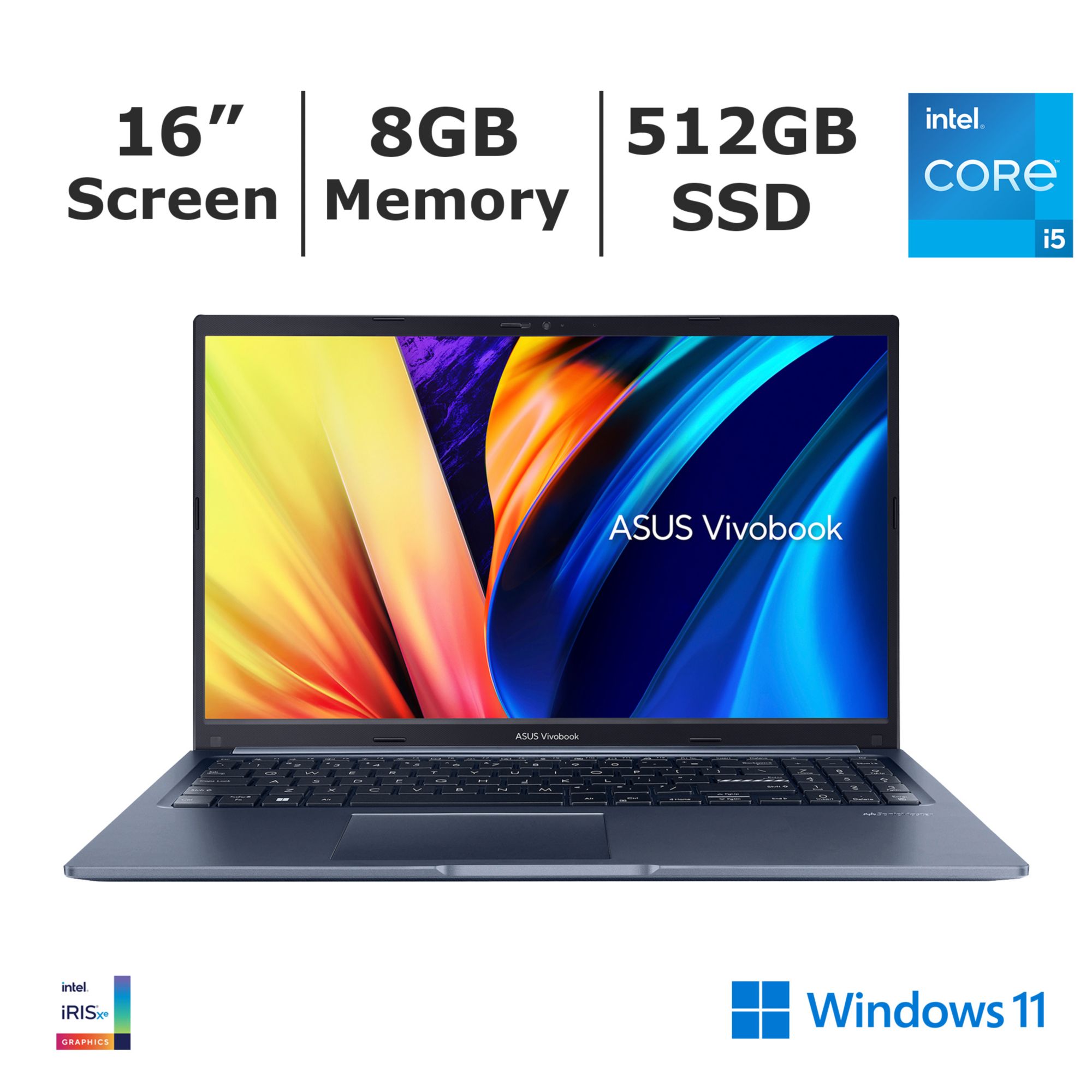 Asus Vivobook 16&quot; Laptop, Intel Core i5 13th Gen Processor, 8GB Memory, 512GB SSD, Intel UHD Graphics