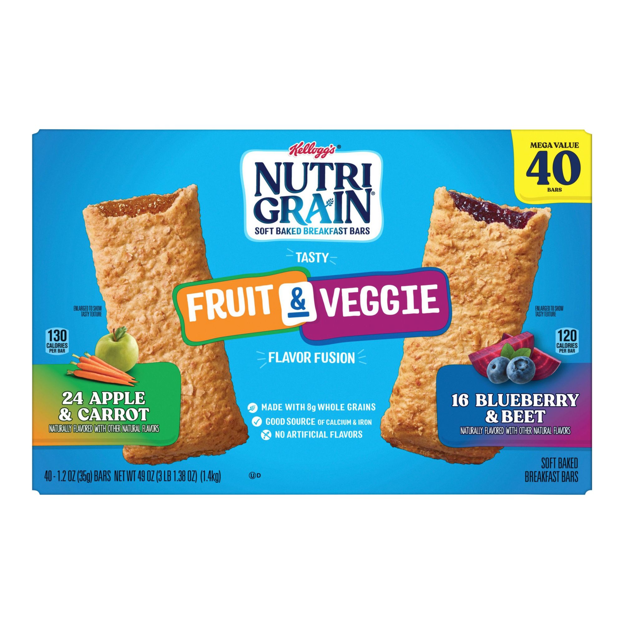 Nutri-Grain Fruit and Veggie Soft Baked Breakfast Bars Variety Pack, 40 ct.