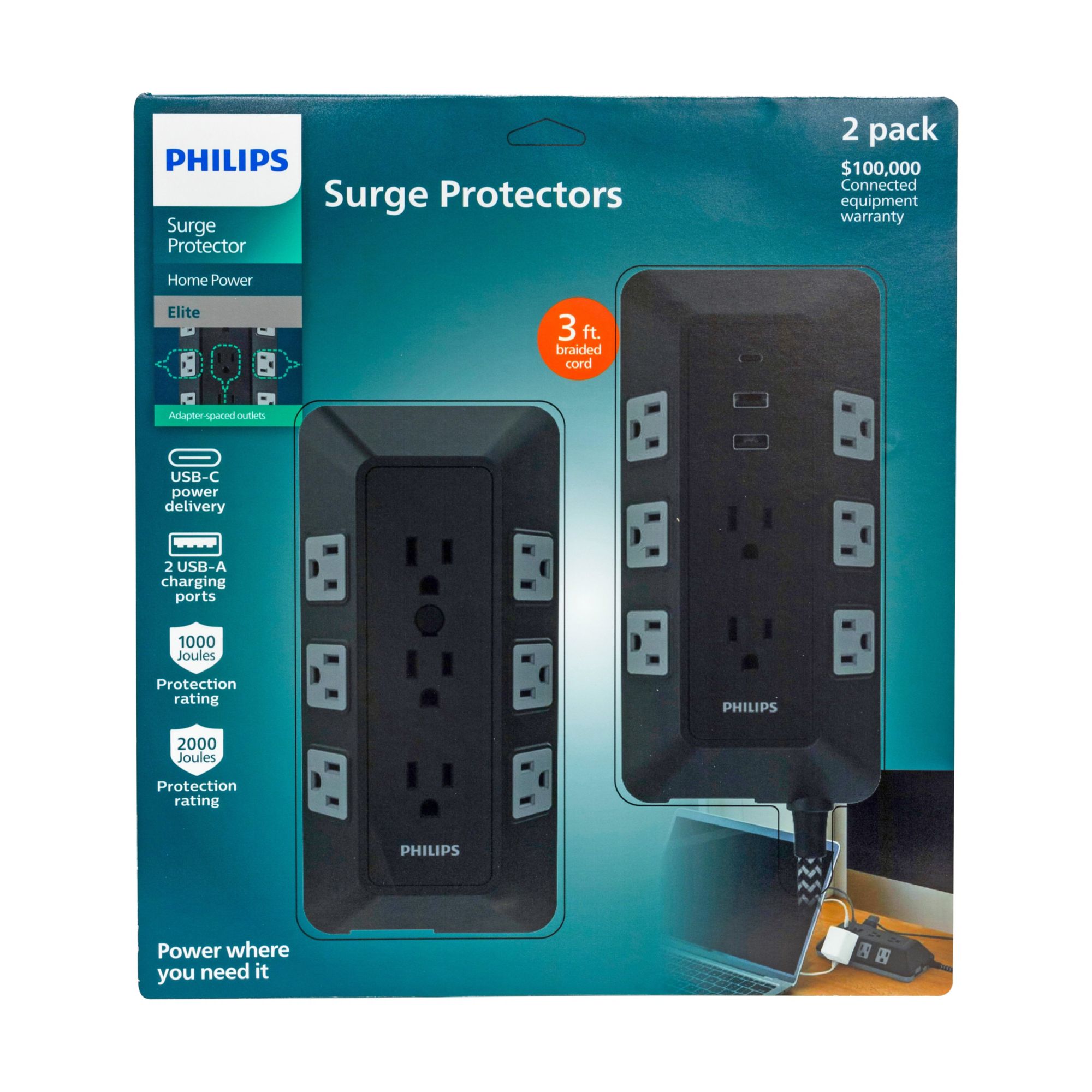 Philips 17-Outlet Surge Tap/Protector Combo Pack - Black/Gray