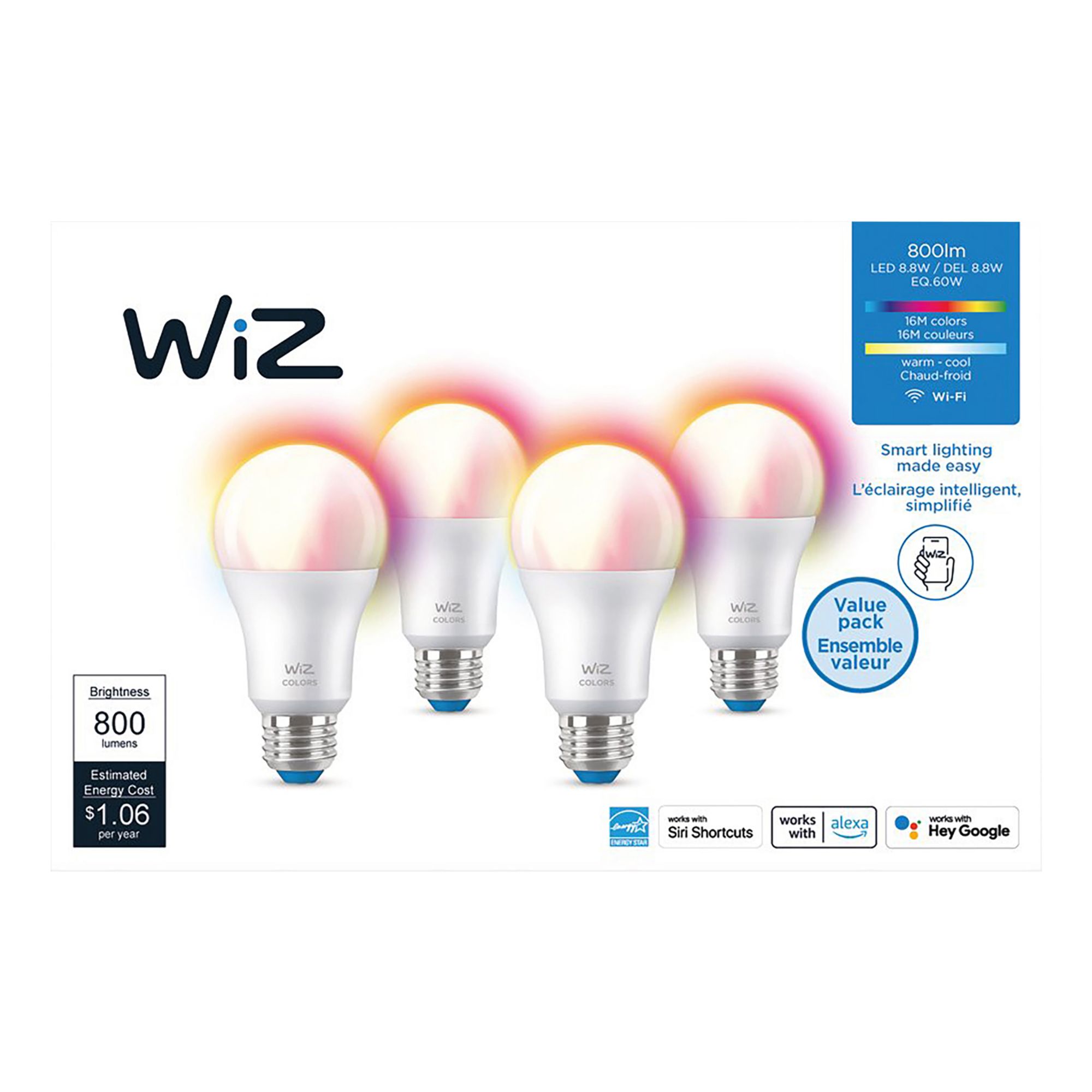 WiZ Full Color And Tunable White A19 (60W Equivalent) LED Smart Bulb, 4 pk.