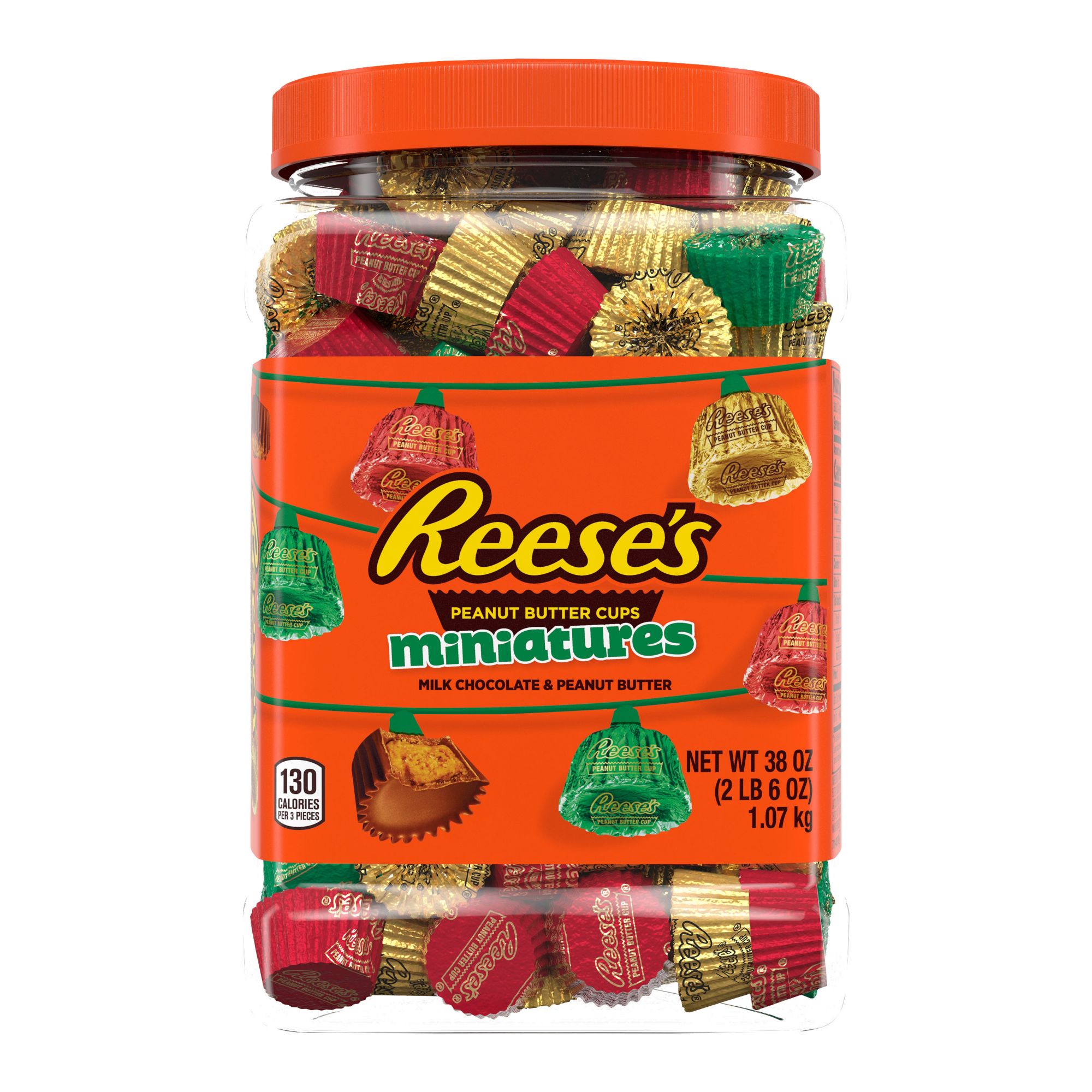 Reese's Miniatures Milk Chocolate Peanut Butter Cups Christmas Candy Bulk Jar, 38 oz.