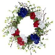 Northlight Americana 20&quot; Hydrangea and Eucalyptus Patriotic Artificial Wreath - Red, White and Blue