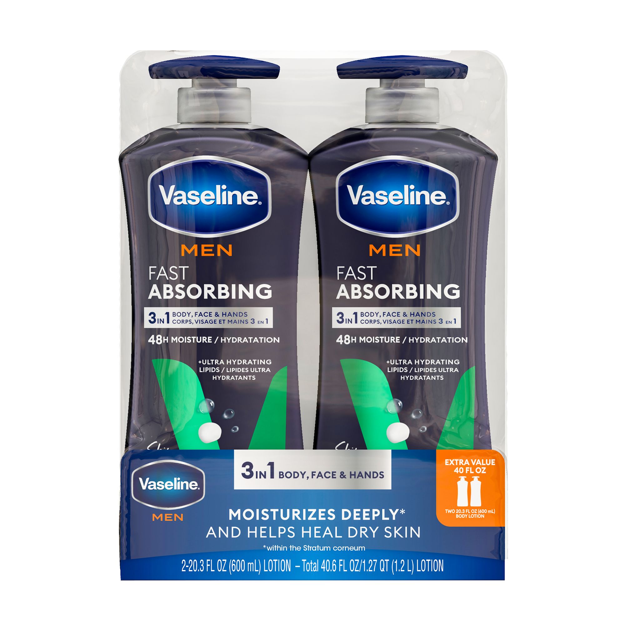 Vaseline Men Fast Absorbing 3-in-1 Face, Hands & Body Lotion for Men, 2 pk./20.3 oz.