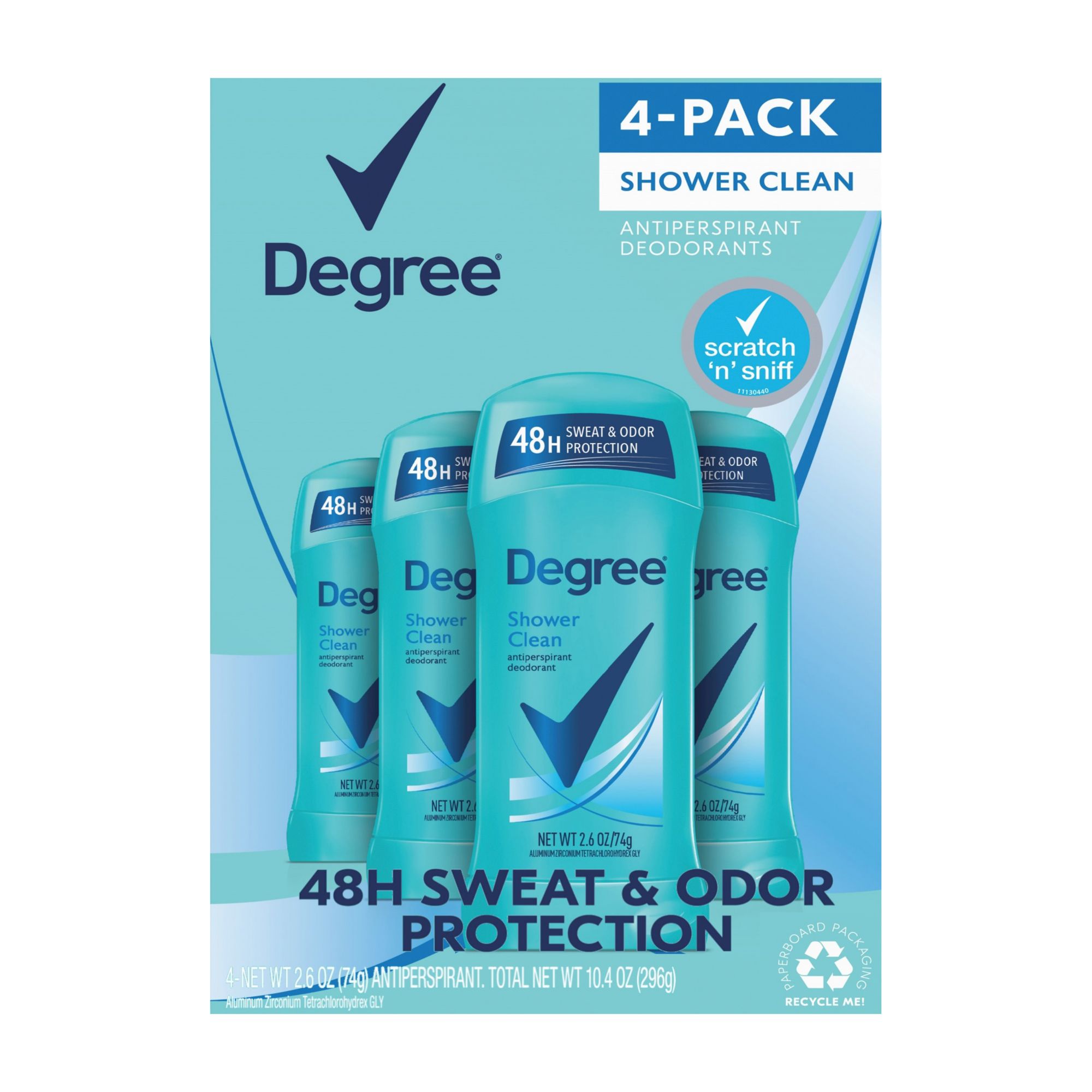 Degree Shower Clean 48-Hour Antiperspirant Deodorant Invisible Solid, 4 pk./2.6 oz.