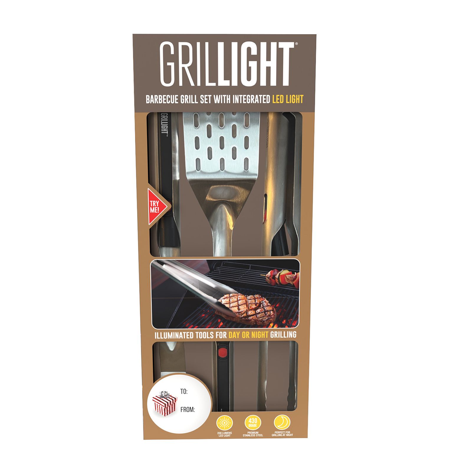 Premium Grilling Gift Set with Spatula, Tongs and BBQ Fork with Built-In Lights - Stainless Steel