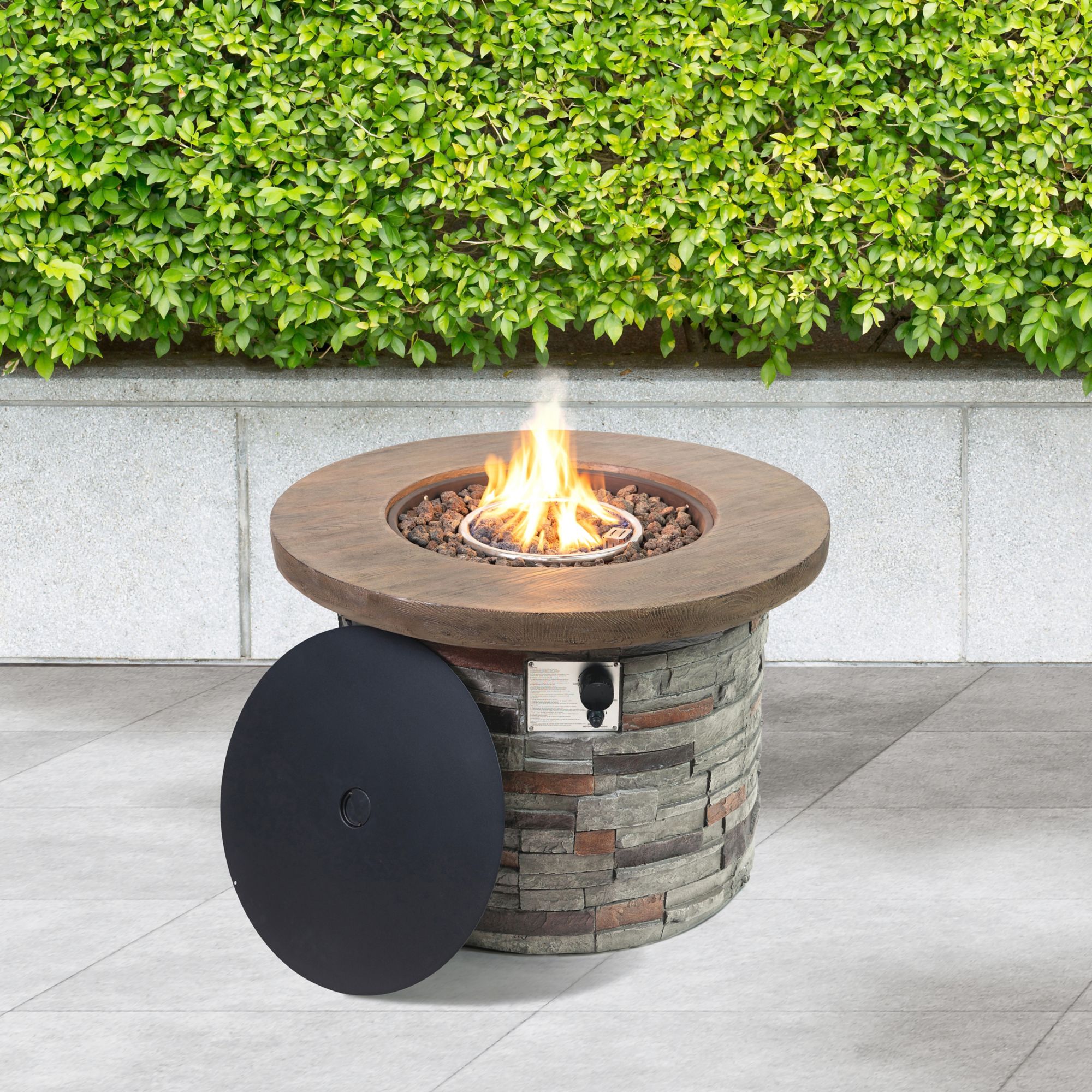 Berkley Jensen 35&quot; Round Wood/Stone Gas Fire Pit