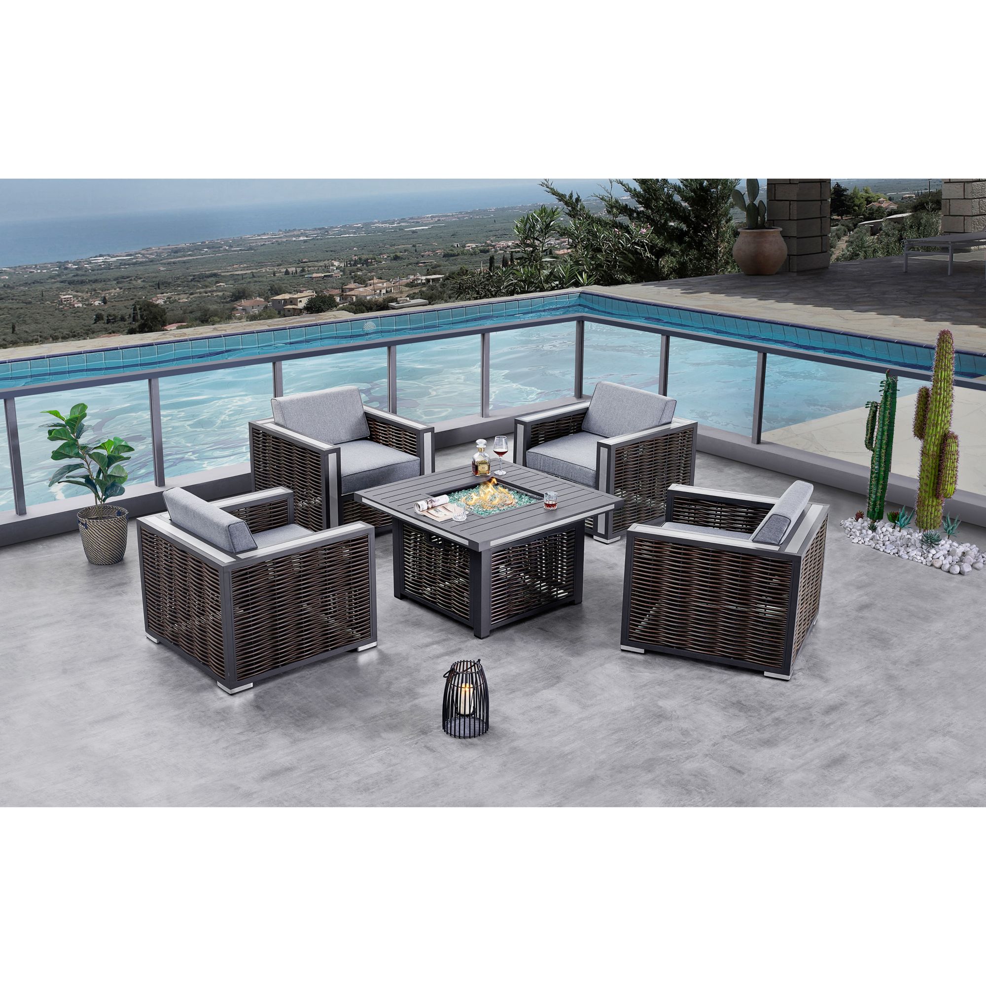 Deko Living Avola Outdoor Patio Set and Firepit - Gray