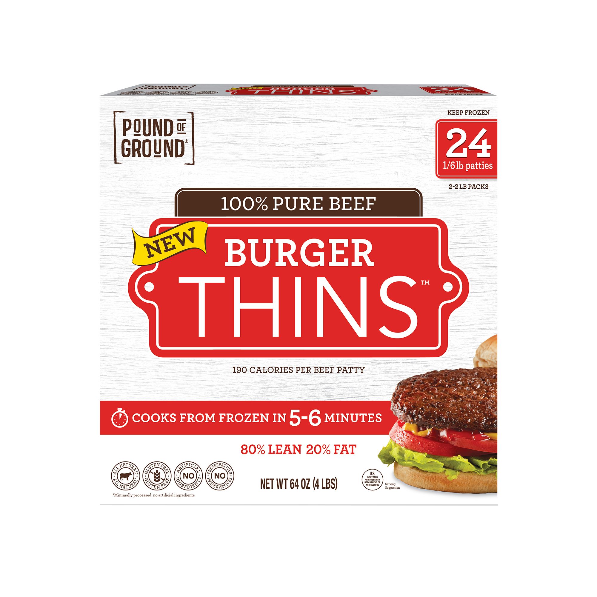 Pound of Ground Burger Thins Frozen Uncooked 100% Pure Beef Patties, 24 ct.