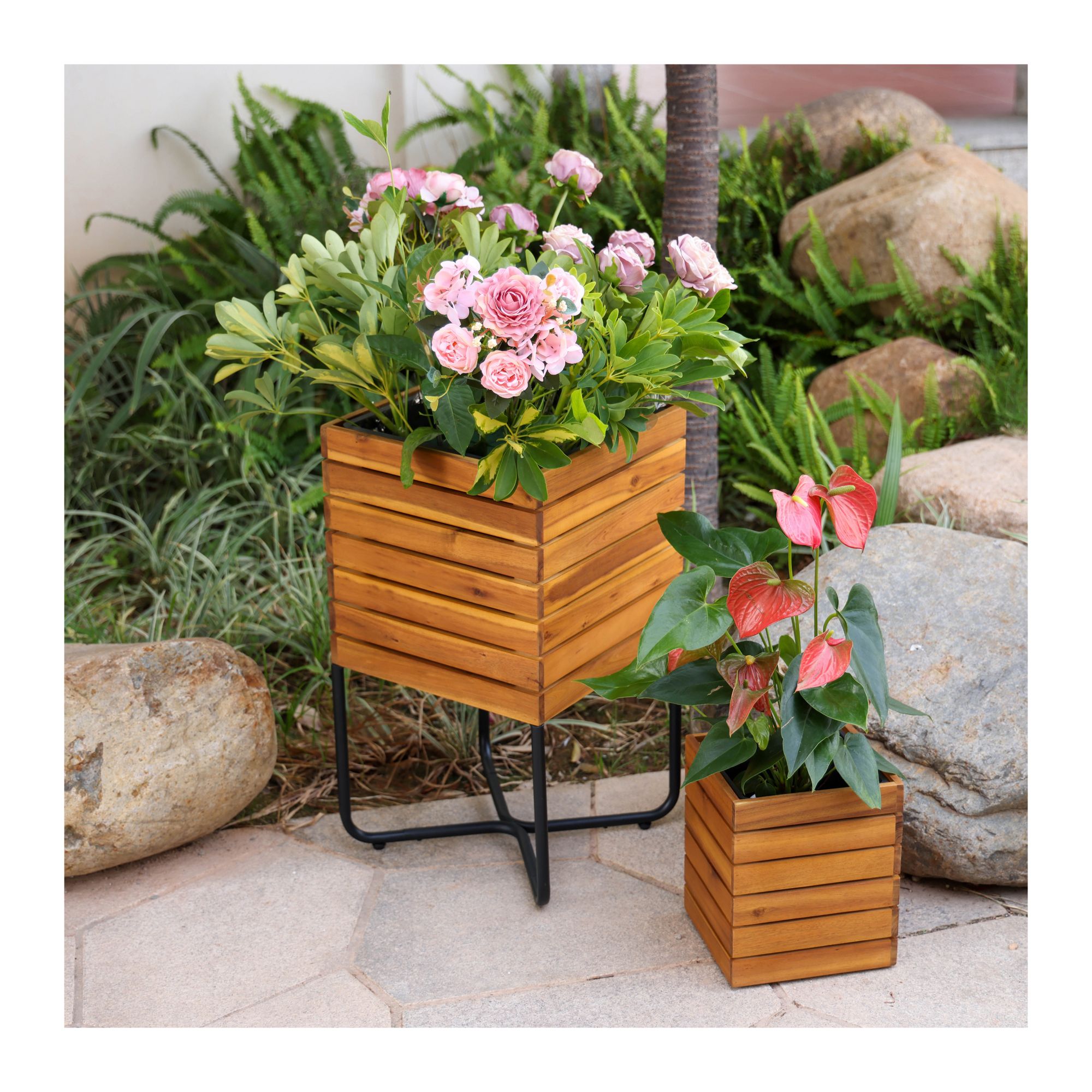 Berkley Jensen Acacia Square Planter, 2-Pc.