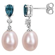 Pink Cultured Freshwater Pearl Blue Topaz and Diamond Accent Drop Earrings in 10k White Gold