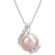 Pink Freshwater Cultured Pearl .10 ct. t.d.w. Diamond Floral Leaf Necklace in Sterling Silver