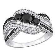 1.2 ct. t.w. Black and White Diamond 3-Stone Crisscross Ring in 10k White Gold with Black Rhodium Plating