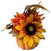 Northlight 14.75&quot; Yellow Sunflower and Mum Filled Pumpkin Thanksgiving Decor