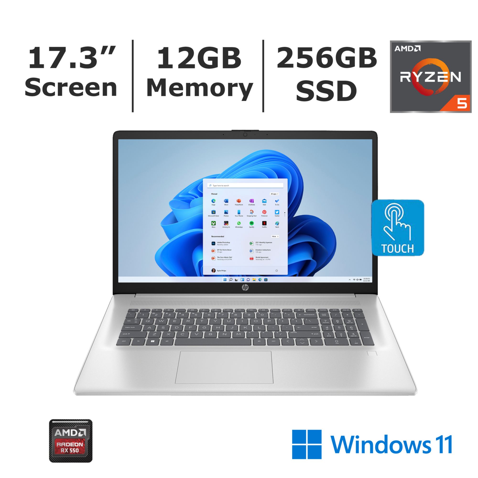 HP Inc. 17.3&quot; Touchscreen Laptop, AMD Ryzen 5 Processor, 12GB Memory, 256GB SSD, 2-Year HP Inc. Care Pack