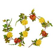Northlight 5.5' x 6&quot; Orange and Yellow Mums Artificial Garland with Maple Leaves