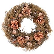 Northlight 13.75&quot; Orange and Coral Pink Twig and Floral Autumn Harvest Wreath