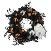 Northlight 24&quot; Orange Ornaments and Ghost Halloween Pine Wreath