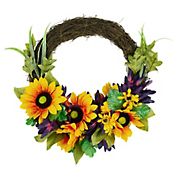 Northlight 20&quot; Sunflower and Mum Twig Autumn Artificial Floral Half Wreath