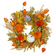 Northlight 24&quot; Velvet Pumpkins and Wheat Artificial Fall Harvest Wreath