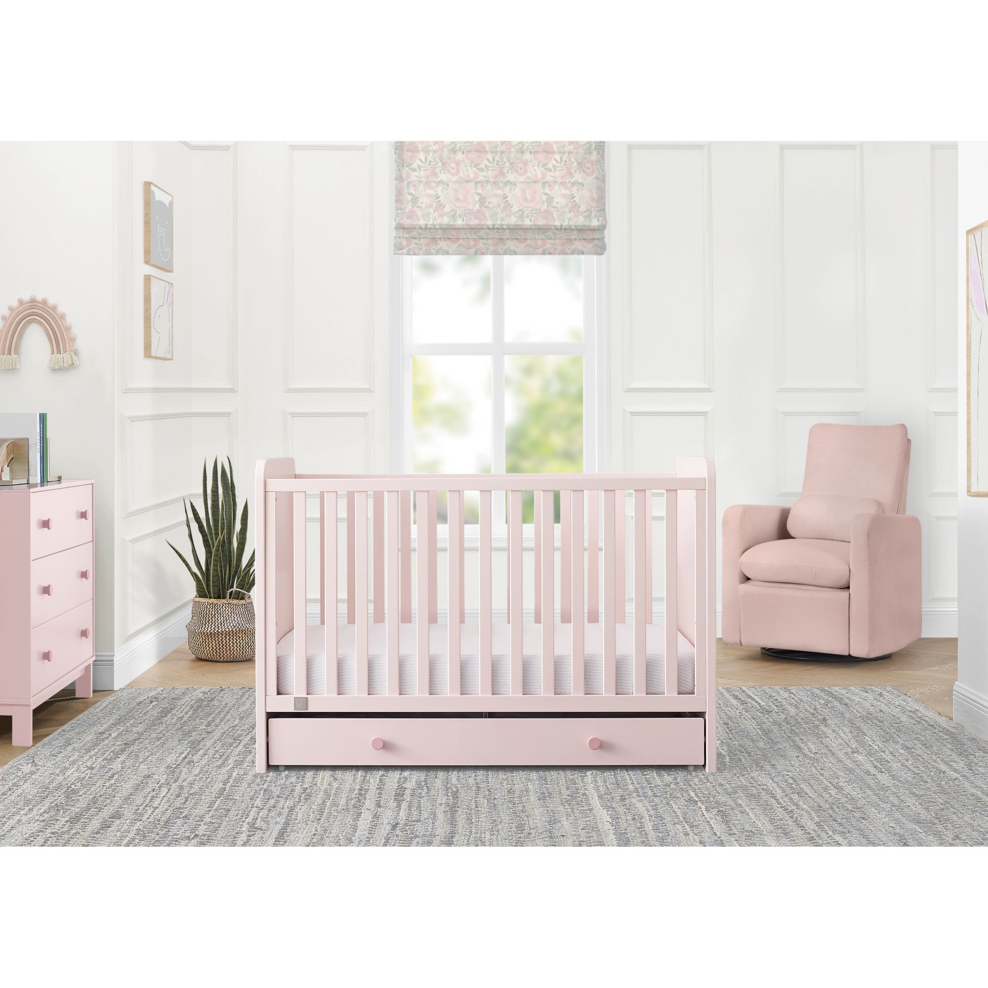 Graham 4 in 1 Convertible Crib with Storage Drawer Greenguard Gold Certified Pink