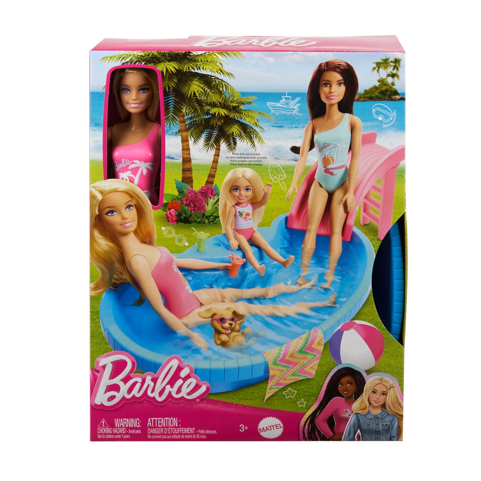  Barbie Doll and Pool Playset, Blonde in Tropical Pink One-Piece  Swimsuit with Pool, Slide, Towel and Drink Accessories : Toys & Games