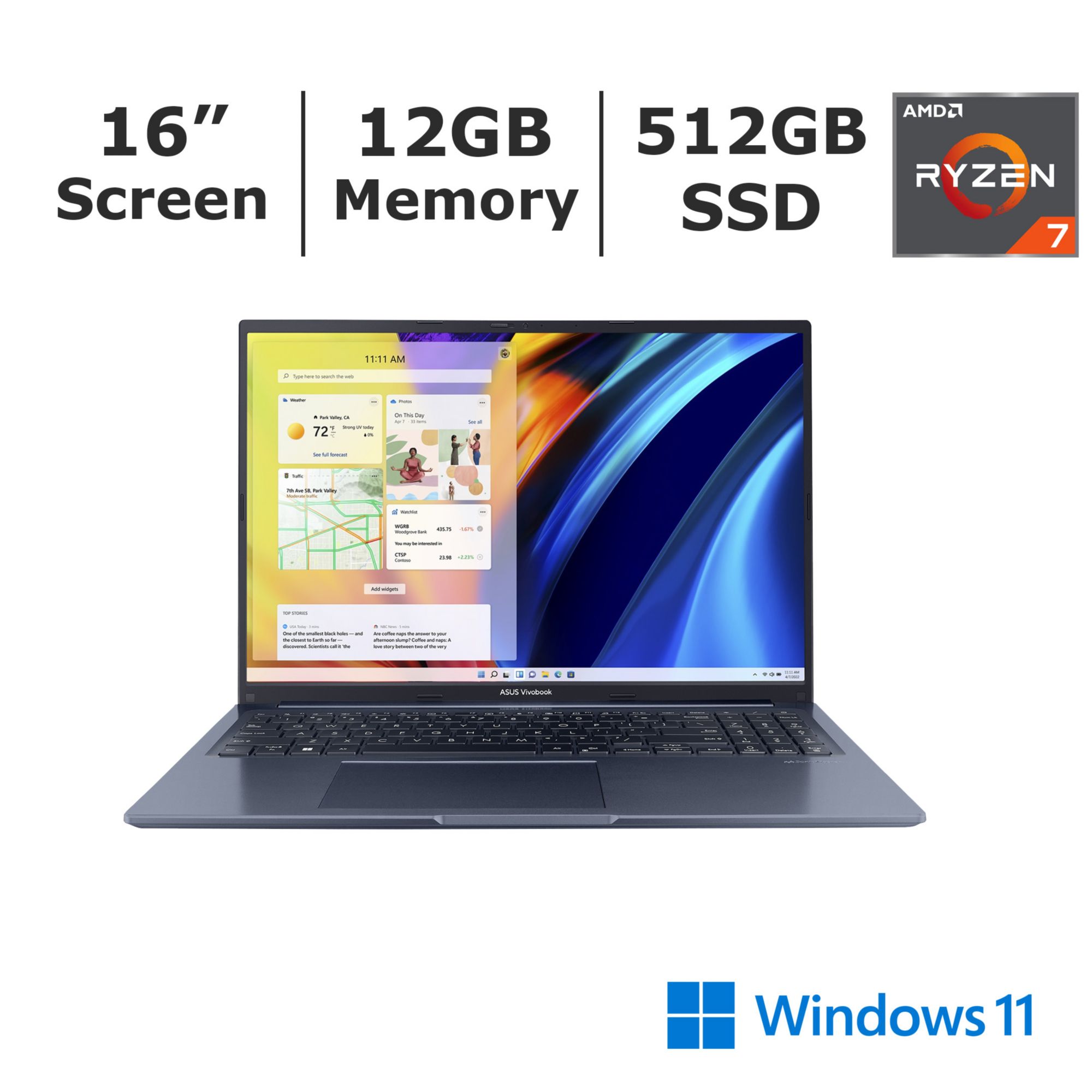 ASUS Vivobook 16&quot; Full HD Notebook, AMD Ryzen 7 Processor, 12GB Memory, 512GB SSD, AMD Radeon Vega 8 Graphics