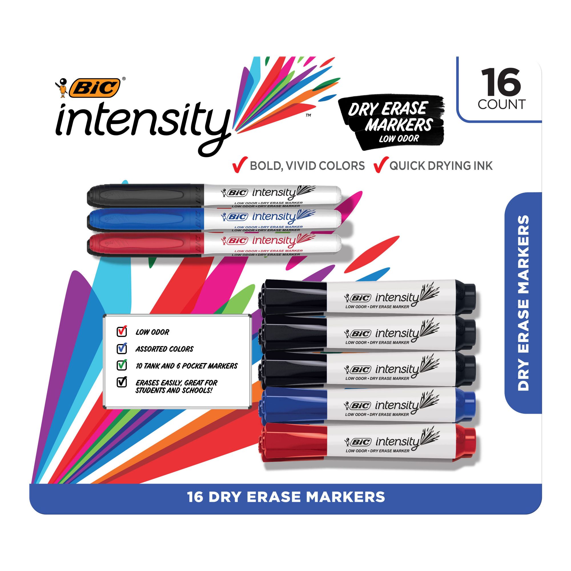 BIC Intensity Tank and Pocket Dry Erase Markers With Low-Odor Ink, 16 ct. - Black, Blue and Red