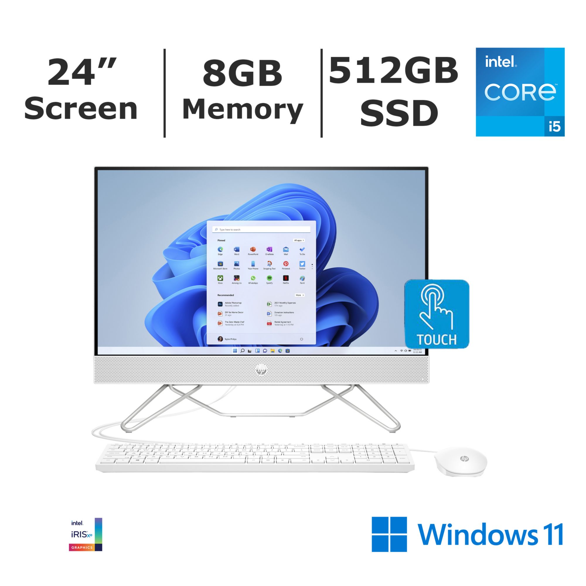 HP Inc. All-In-One 24&quot; Touchscreen Desktop, Intel i5 Processor, 8GB Memory, 512GB SSD, Intel Iris XE Graphics