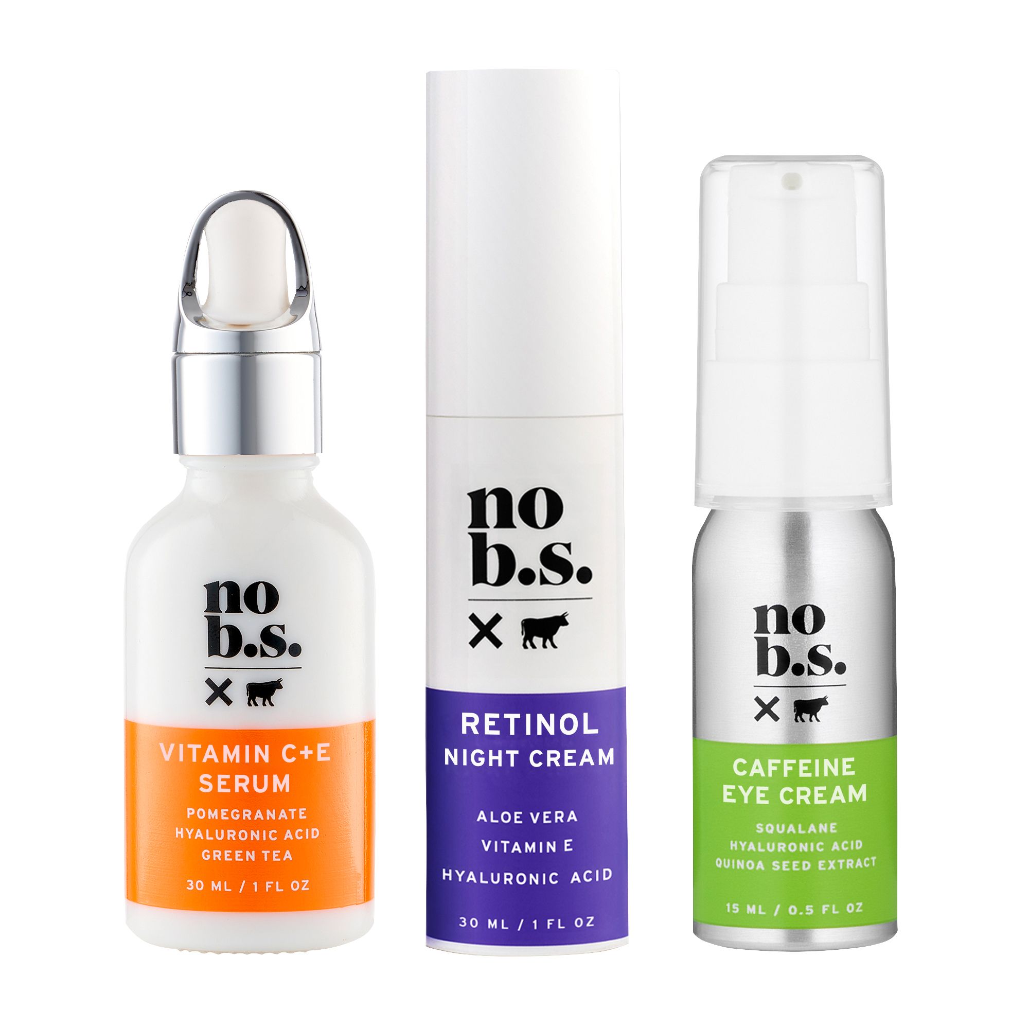 No BS Anti-Aging Skincare Set With Caffeine Eye Cream, Vitamin C/E Serum & Retinol Night Cream