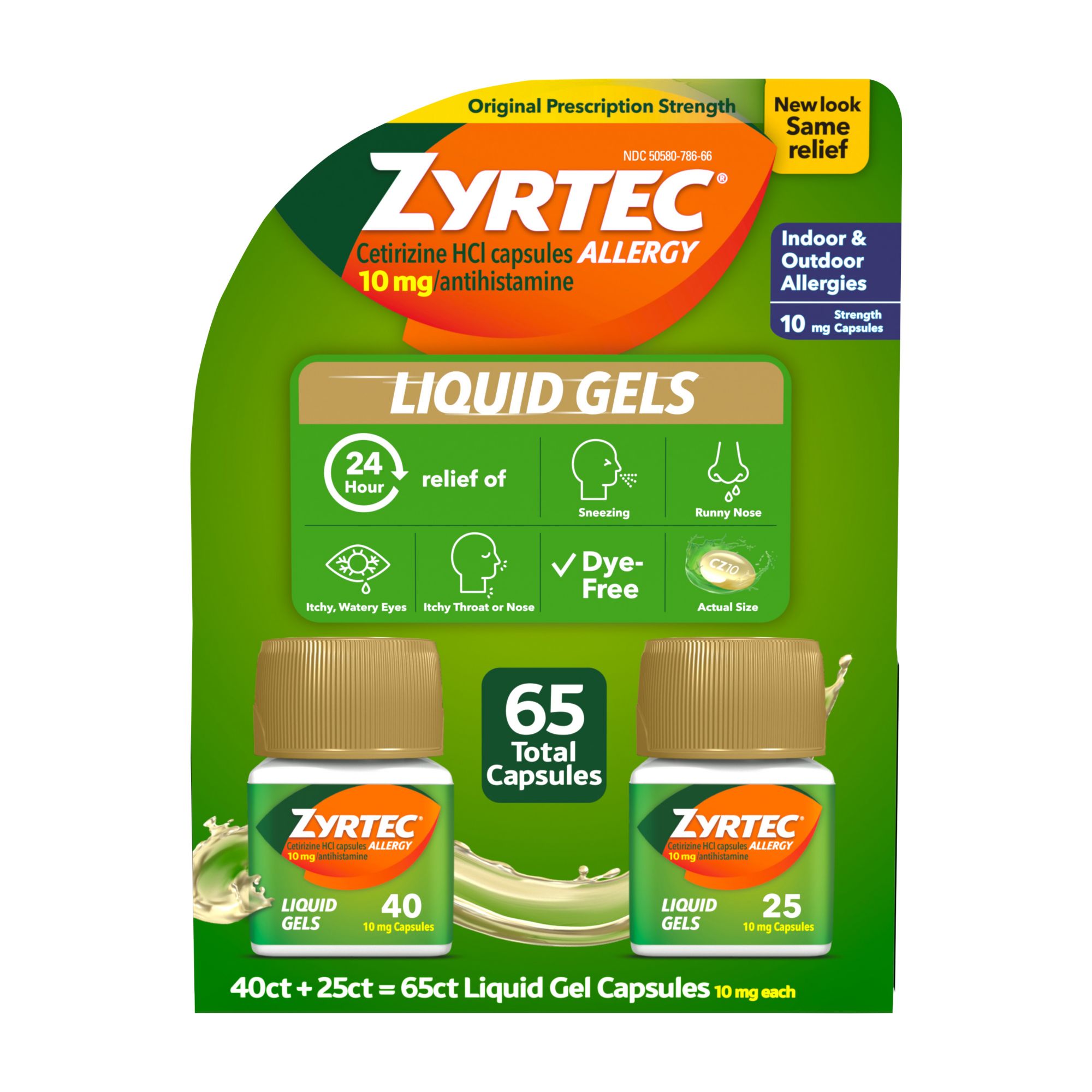 Zyrtec 24-Hour Allergy Relief Medicine Liquid Gels, 10mg Cetirizine HCl Antihistamine, 65 ct.