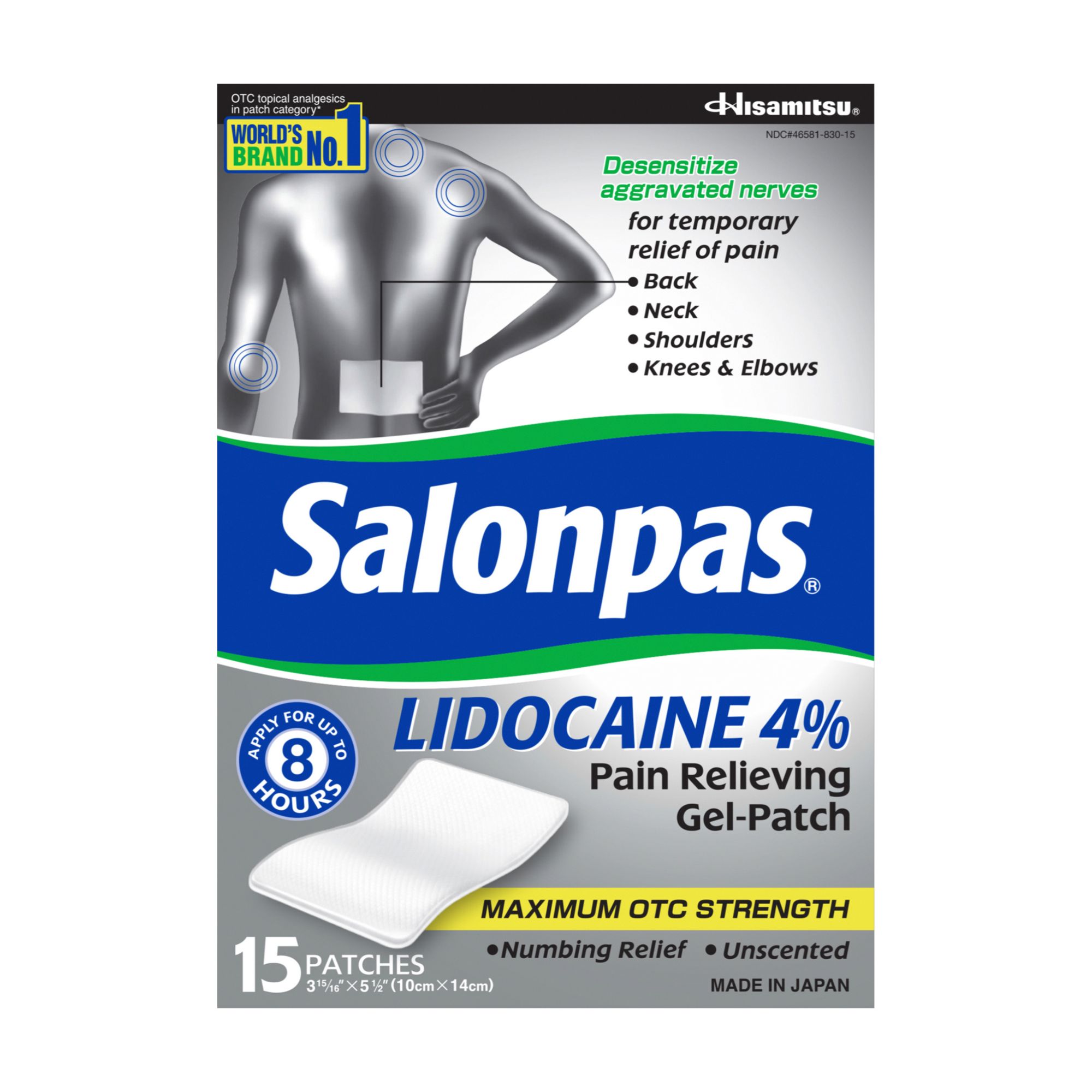 Salonpas Lidocaine 4% Pain Relieving Gel Patch, 15 ct.