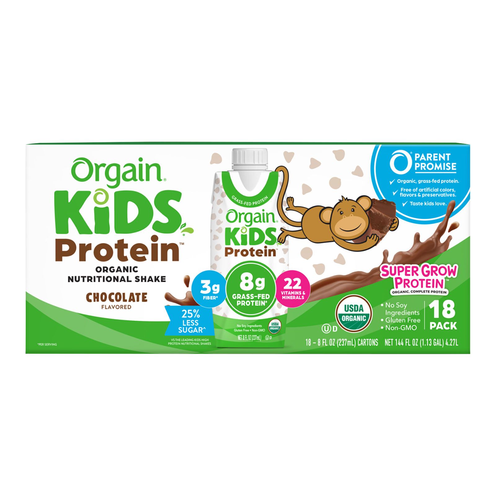 Orgain Organic Kids Nutritional Shake With 22 Vitamins & Minerals - Chocolate, 18 ct.